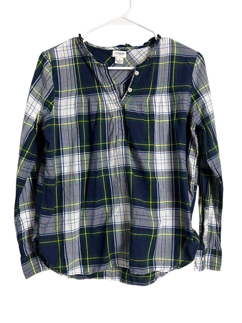J.Crew Plaid Tunic Shirt Womens 4 Blue Green Henley Long Sleeve Top Casual